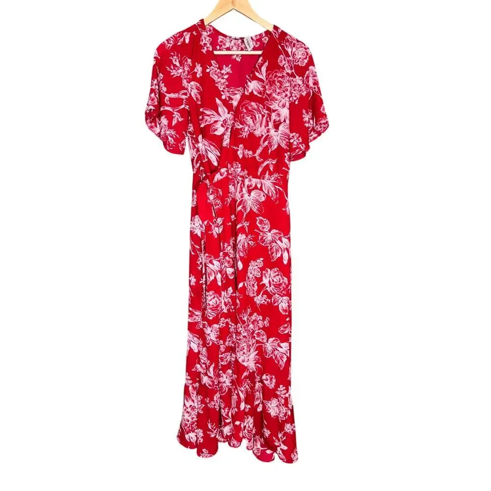 Abercrombie & Fitch Floral Wrap Midi Dress NWT Red Flutter Sleeve Small Tall